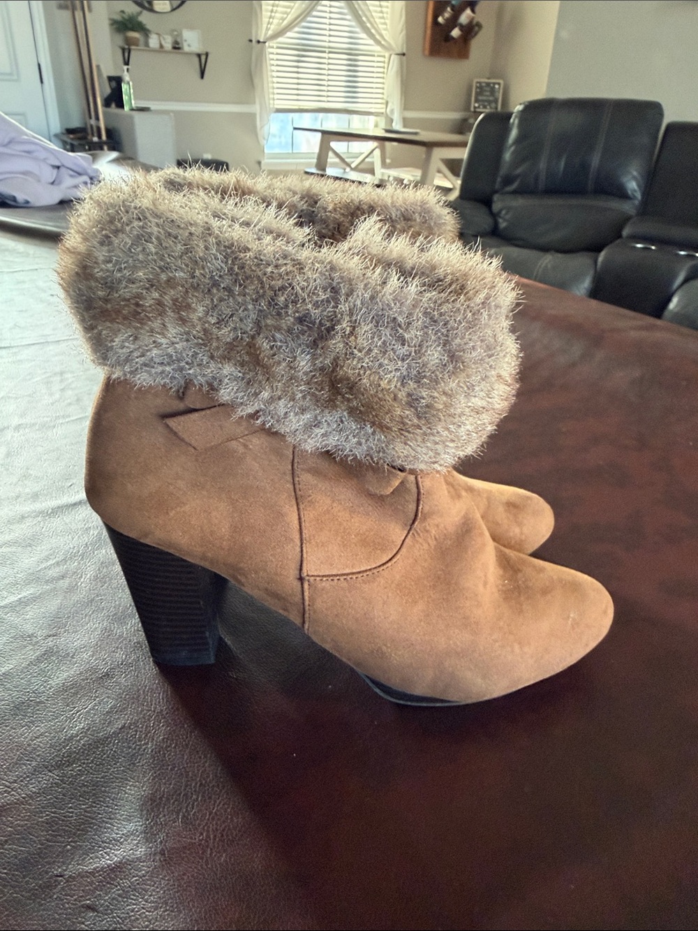 Dana Buchman Tan Suede Ankle Boots with Faux Fur Cuff